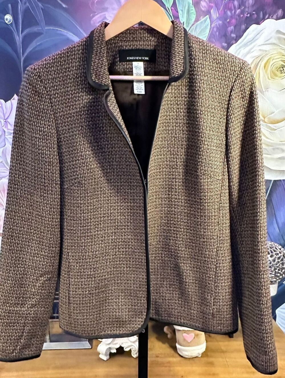 Jones New York 8 Virgin Wool Blend Lined Jacket Brown Tweed Leather Trim